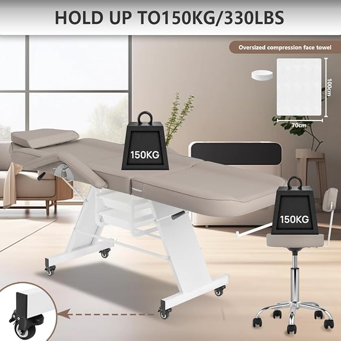 Facial Chair with Wheel Tattoo Bed with Stool for Client Beauty Artist Spa Bed Removable Headrest for Esthetician Gray