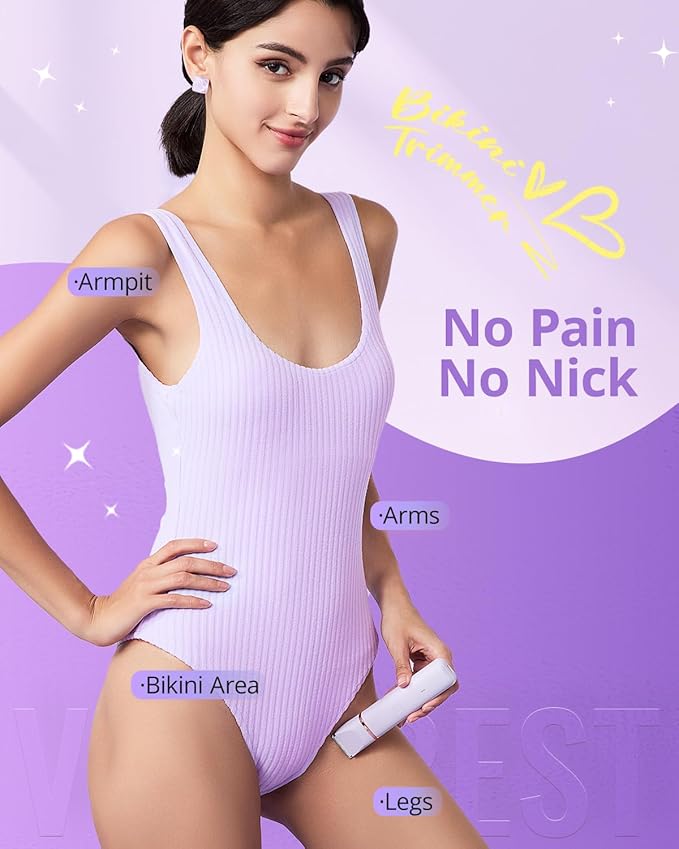 Electric Bikini Trimmer: 2 in1 Body Facial Hair Remover - Painless Pubic Hair Shaver (Purple)