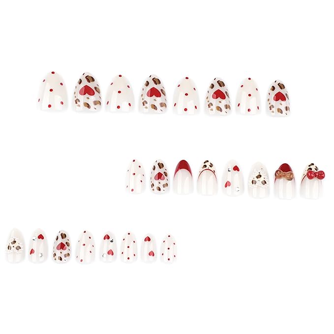Nude Almond Press On Nails Short, Cute Fake Nails with Red 3D Bow Heart Leopard Pearl & Rhinestone Detail, Glossy Gel Finish Acrylic Nails, Party Reusable Glue On Nails Kit for Women, 24Pcs