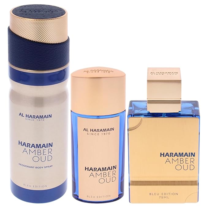 Al Haramain Amber Oud Bleu Edition 3 Pc Gift Set for Unisex - Luxury Cologne & Perfume for Men & Women - 2.5oz EDP Spray, 1oz EDP Spray, 6.6oz Body Spray - Arabian & Arabic Long Lasting Fragrance