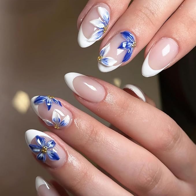 24Pcs Blue Flower Press on Nails Medium Almond Fake Nails White French Tip False Nails with Gold Rhinestones Design Nude Full Cover Artificial Glue on Nails Spring Summer Stick on Nails for Women DIY