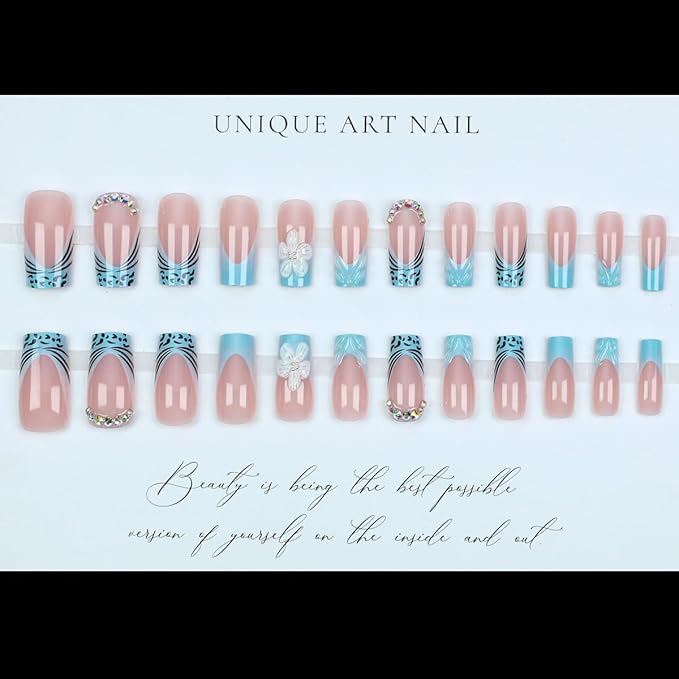24Pcs Blue French Tip Press on Nails Medium Square Summer Flower Fake Nails 3D Floral with Rhinestones Full Cover Tips Glue on Nails Pink Nails Stick on Nails Cute False Nails for Women Acrylic Nails
