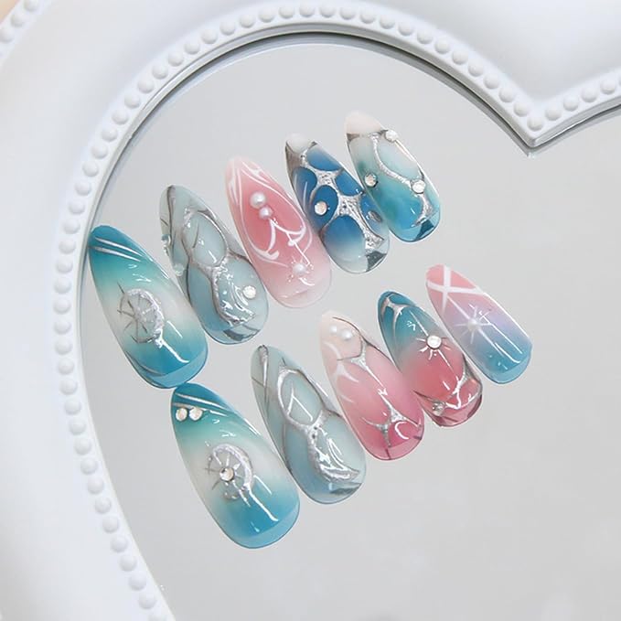 Almond Press on Nails Medium Fake Nails Pink Blue Gradient False Nail with Rrhinestones Designs Full Cover Glue on Nails 3D Handmade Press on Nails Silver Line Strips Acrylic Nail for Women 24Pcs
