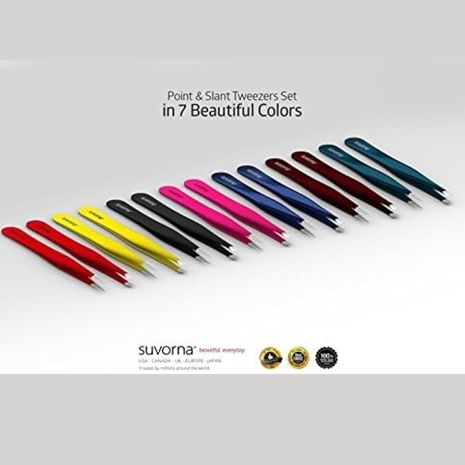 Suvorna Professional Tweezers for women facial hair - Sharp Pointed Tweezer & Slanted Eyebrow Tweezers for Women - Eyebrow Tweezer for Women, Lash tweezers and Splinter removal (4-inch size, Maroon)
