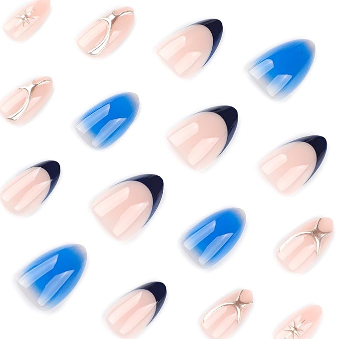Blue Press On Nails Almond Shape 24pcs, Gradient Ombre False Nail with Star Design, 3D Pattern Medium Length Fake Nails, Glossy Stick On Nail Reusable Acrylic Glue On Nails Kit for Women