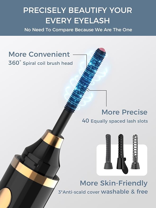 Smiling Shark Heated Eyelash Curler, 360°Wand-Style Heated Lash Brush Rechargeable with 3 Brush Heads & 3 Temp & 5s Fast Heating【Lengthen/Define/Curler】 3-in-1 Lash Curler for All Types of Lashes