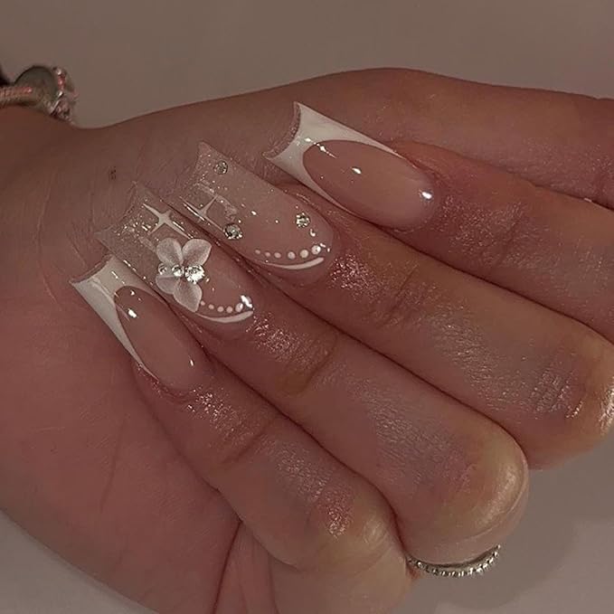 Hkanlre Medium Press on Nails Flower Fake Nails Tips Full Cover False Square French Nails for Women and Girls 24PCS