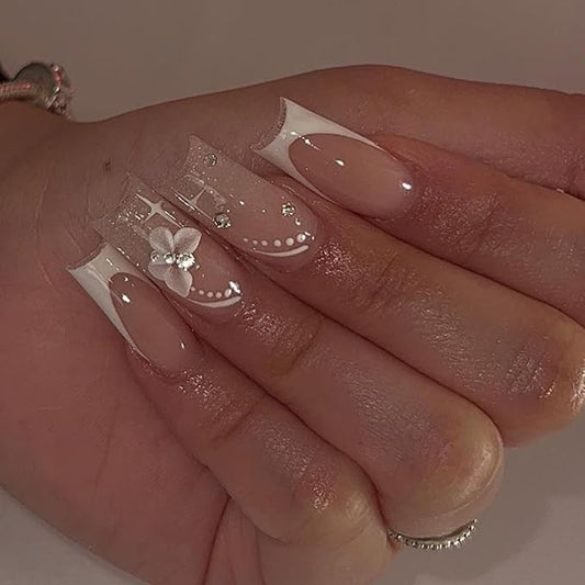 Hkanlre Medium Press on Nails Flower Fake Nails Tips Full Cover False Square French Nails for Women and Girls 24PCS