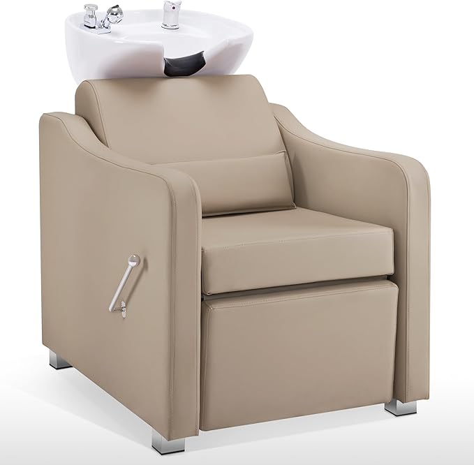 BarberPub Backwash Shampoo Station Chair, Adjustable Porcelain Ceramic Hair Wash Bowl with Chair, Shampoo Station for Barber Shop, Spa Beauty Salon Equipment 9364 (Creamy White)