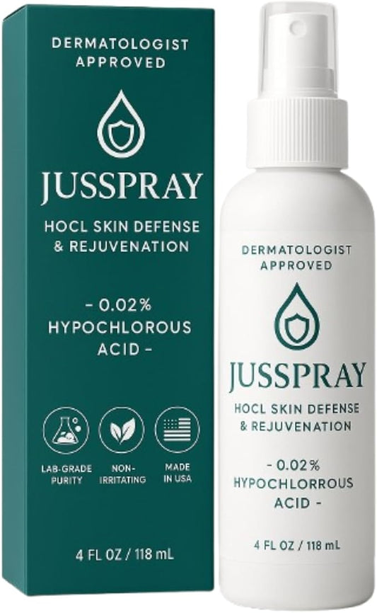 JusSpray™ Hypochlorous Acid (HOCl) Spray – Doctor Approved Skin Defense Mist 4 oz – Face & Body Toner for Sensitive, Acne & Eczema-Prone Skin, Redness Relief & Piercing Aftercare