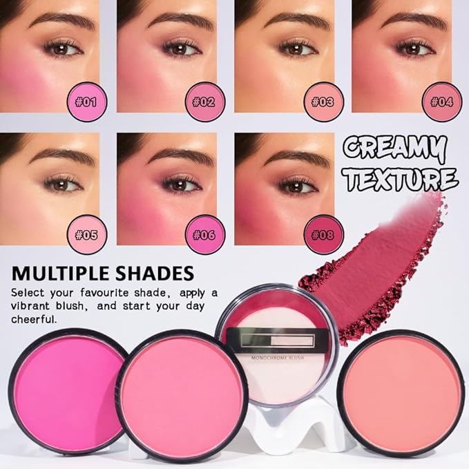 Natural Single Matte for Face Cheeks Blush with Makeup Powder Puff,Bright Red Monochrome Blusher Cream Powder Makeup Palette Blush Long-lasting Color Blendable Foundation for Women Every Day 08