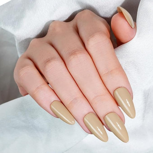 WOOYAS Press On Nails Short, Light Brown Almond False Nails, Solid Color Fake Nails Natural Gel Full Cover Stick on nail, Glossy Glue On Nails Kit for Women Salon Manicure 12 Sizes