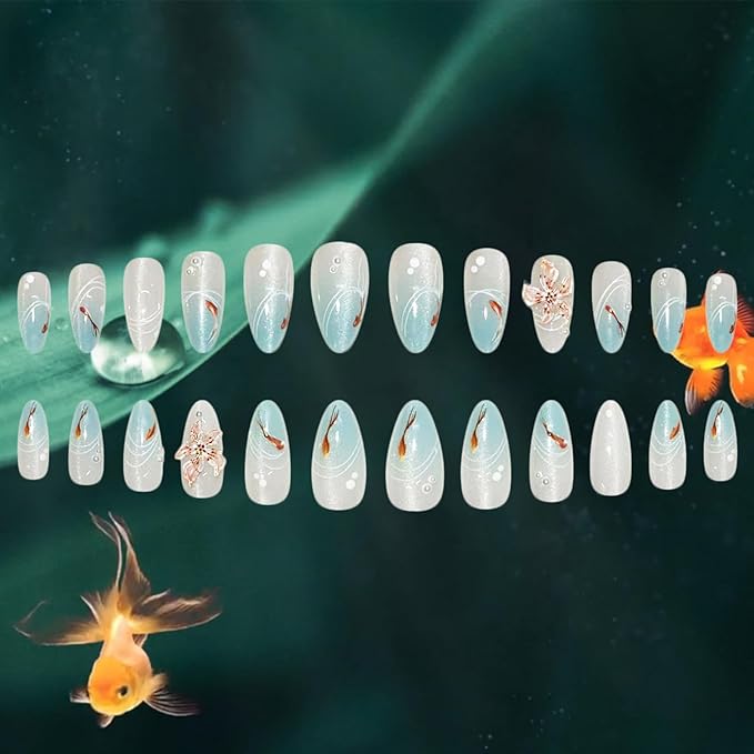 24Pcs Goldfish Press on Nails White Curve Line Press ons Fingernails 3D Flower Gel Glue on Acrylic Fake Nails Glos Blue Gradient Medium Almond False Nail Ocean Stick on Nail for Holiday Manicure Art