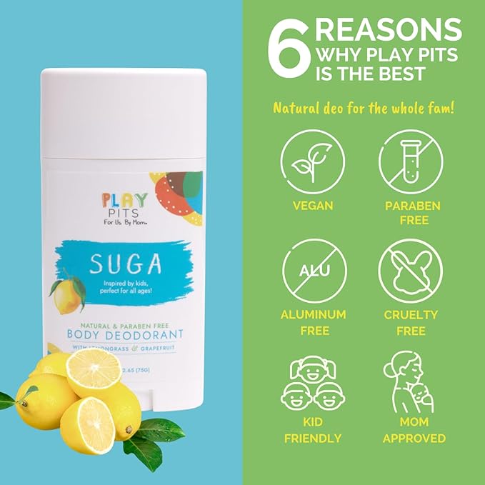 PLAY PITS - Natural Kids Whole Body Deodorant - Safe for Girls & Boys w/Sensitive Skin of All Ages - Clean & Paraben Free – SUGA, SONSHINE, & HAPPY - Infused w/Essential Oils – Variety 3 pack