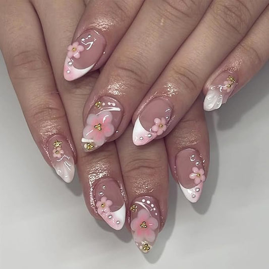 24Pcs 3D Flower Press on Nails Short Almond Fake Nails French Tip Glue on Nails with Gold Pearl Design Pink Artificial Nails Glossy Full Cover False Nails Cute Acrylic Stick on Nails for Women Girls