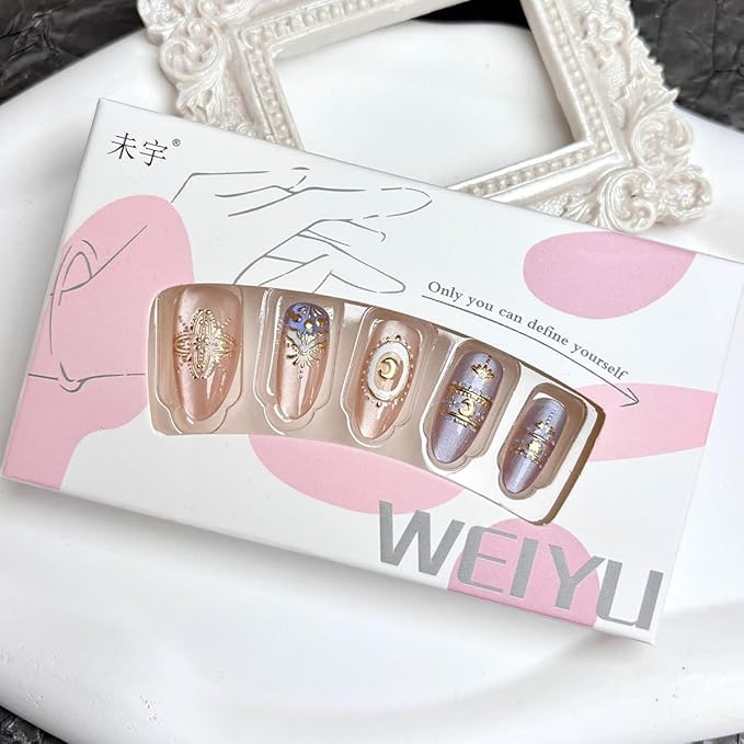 30Pcs Medium Almond Press on Nails Nude Blue Fake Nails 3D Gold Chrome Flower Star Moon False Nails Glitter Full Cover Glue on Nails Baroque Style Artificial Nails Luxury Stick on Nails for Women