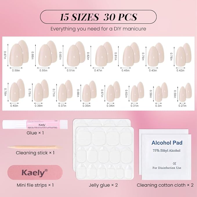 evpct Glossy Press on Nails Short Almond Short for Women, Nude White Fake Nail with Glue Salon Quality Reusable Stick on Nails In 15 Sizes 30Pcs Full Cover False Nail Soft Gel Set Kit for Gift, 09