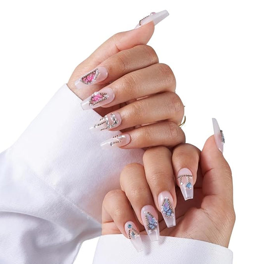 Medium-Butterfly Dreams French Tip Press-On 10 Nails Manicure Kit for Women | Custom Handcrafted Nail Glue, Dual Nail File, Cuticle Stick & Buffer Block | Measure Before Ordering