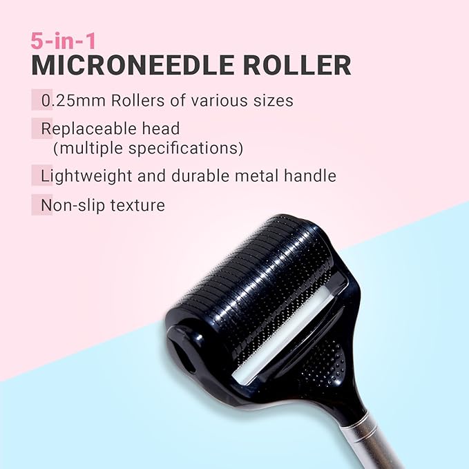 Derma Roller 5 in 1 Titanium Microneedle Steel Handle Face Ice Roller for Face Neck Scalp and Hair Growth – Micro Needling for Eye for Puffy Eyes and Serum Absorption