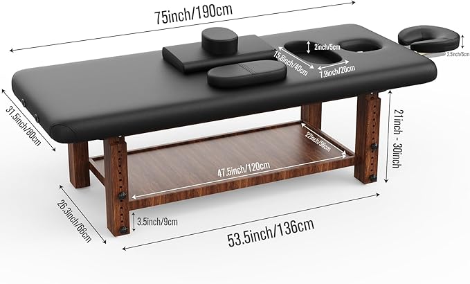 pouseayar Stationary Massage Table with Adjustable Height Legs for Treatment, Physical Therapy, Spa Facial Professional Massage Bed, Black PU Leather 31.5'' Wide - 700LBS Load, Heavy Duty Wood Frame