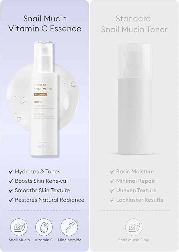 MISSHA Cell Renew Snail Mucin Vitamin C Essence Serum 3.38 Fl oz - Hydrating Korean Skincare for Glass Skin, Snail Mucin Serum for Improved Skin Texture & Complexion