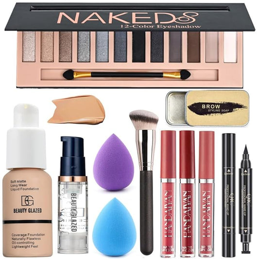 All in One Makeup Kit For Girls 12 Colors Naked Matte Eyeshadow Palette, Foundation Face Primer, Makeup Brush, Makeup Sponge, Eyebrow Soap Kit, Lipstick Set, Winged Eyeliner Stamp Makeup Set (SetE)