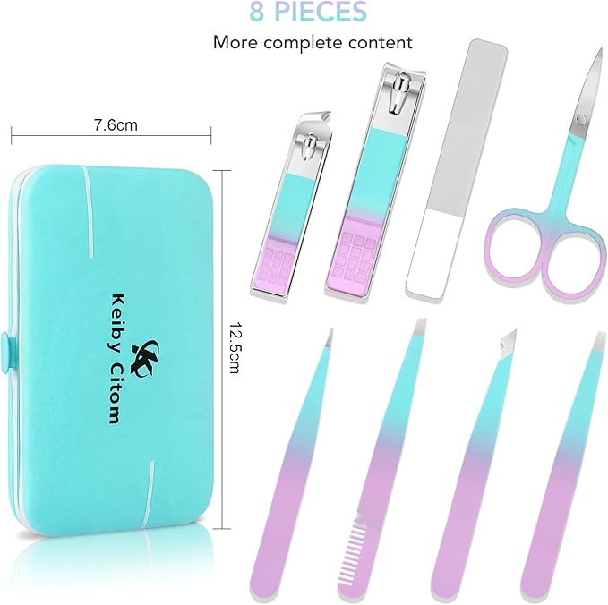 Tweezers Set and Nail Clippers 8Pcs Precision No Gaps Eyebrow Tweezer Kit for Facial Hair Men & Women Travel Tweezers with Leather Case (Violet/Cyan)