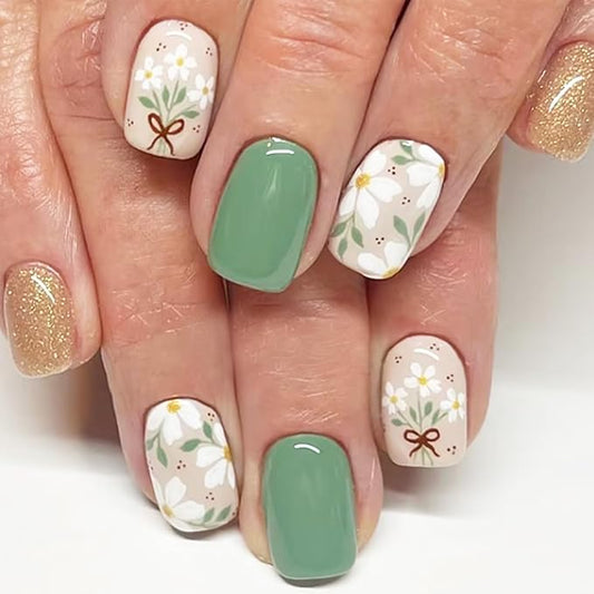24pcs Short Press on Nails Square Fake Nails Cute Flowers Glue on Nails with Gold Glitter Design Green Full Cover False Nails Spring Summer Stick on Nails for Women Girls Glossy Acrylic Manicure Salon