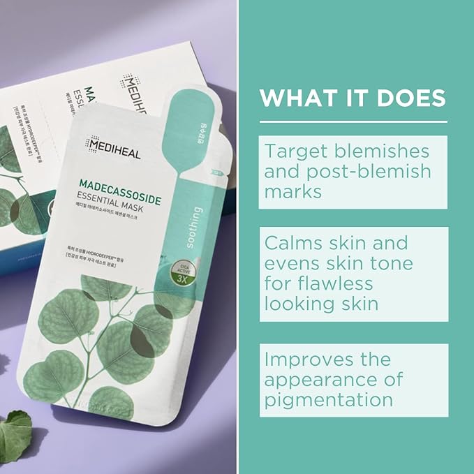 Mediheal Best Korean Sheet Mask - Madecassoside Essential Face Mask 20 Sheets For Sensitive Blemish Prone All Skin Types Hydrating Moisturizing Calming Soothing