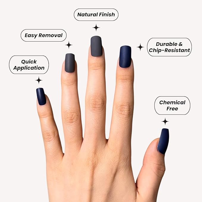 Perfect Look Press On Nails - Midnight Matte | No Glue One-Day Medium Square Nails, Matte Dark Grey & Navy Blue Fake Nails - 24 Pcs Nail Kit with Adhesive Tabs