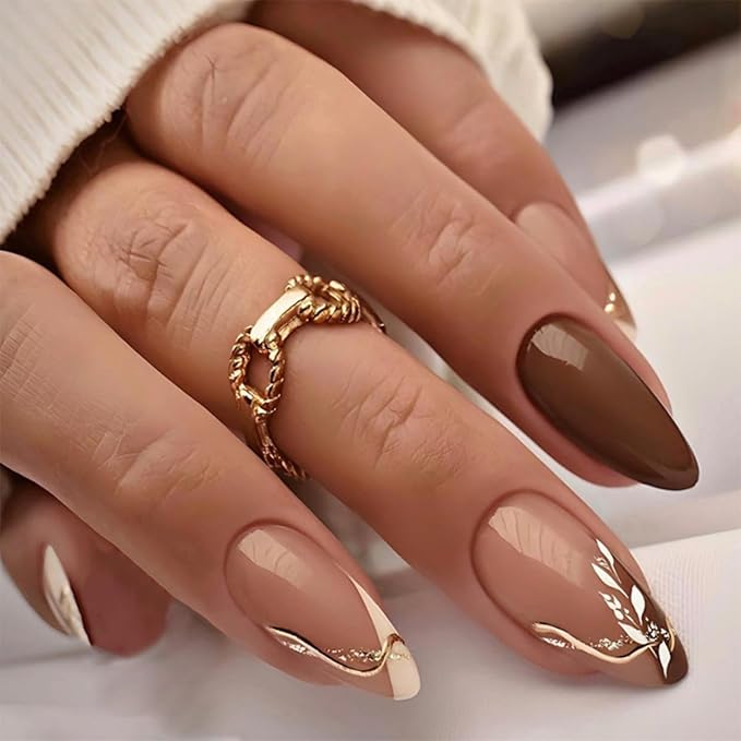 Medium Almond Press on Nails French Tip Fake Nails Gold Line Leaf Design Stick on Nails Glossy Nails Press Ons Reusable Full Cover Acrylic Glue On Nails for Women Nail Art Decoration 24Pcs
