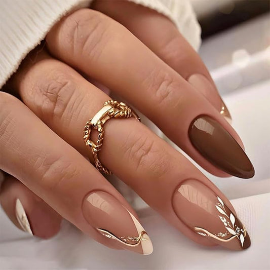 Medium Almond Press on Nails French Tip Fake Nails Gold Line Leaf Design Stick on Nails Glossy Nails Press Ons Reusable Full Cover Acrylic Glue On Nails for Women Nail Art Decoration 24Pcs