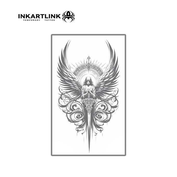 INKARTLINK Semi Permanent Tattoo, party tattoo, beautiful and realistic design, fun tattoo experience, cruelty-free, non-reflective, waterproof (Sword holding angel)