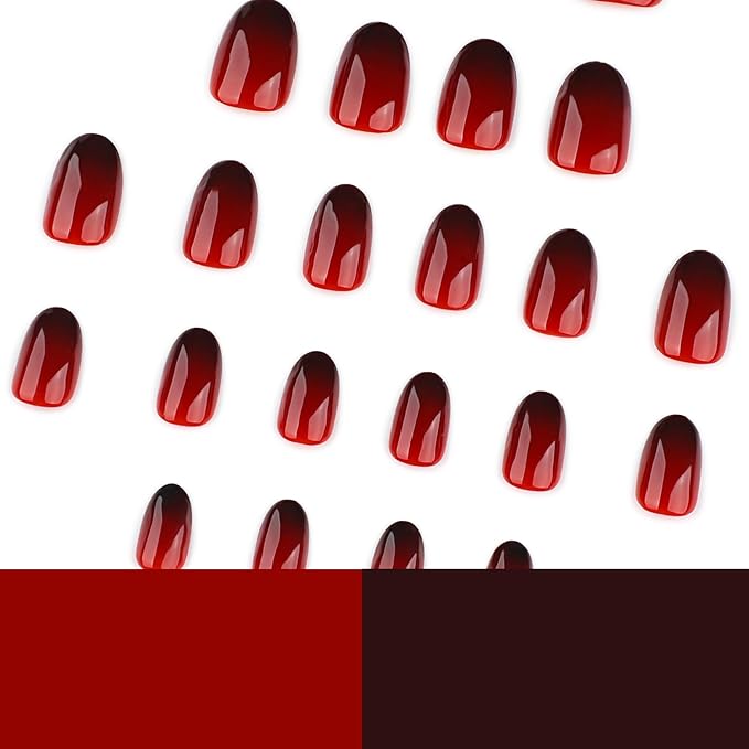 Burgundy Gradient Press On Nails Short Oval, Dark Red Fake Nails with Glossy Gel Finish, Fall Reusable Glue On Nails Kit for Women, Trendy Ombre Design False Nails Set, 24Pcs