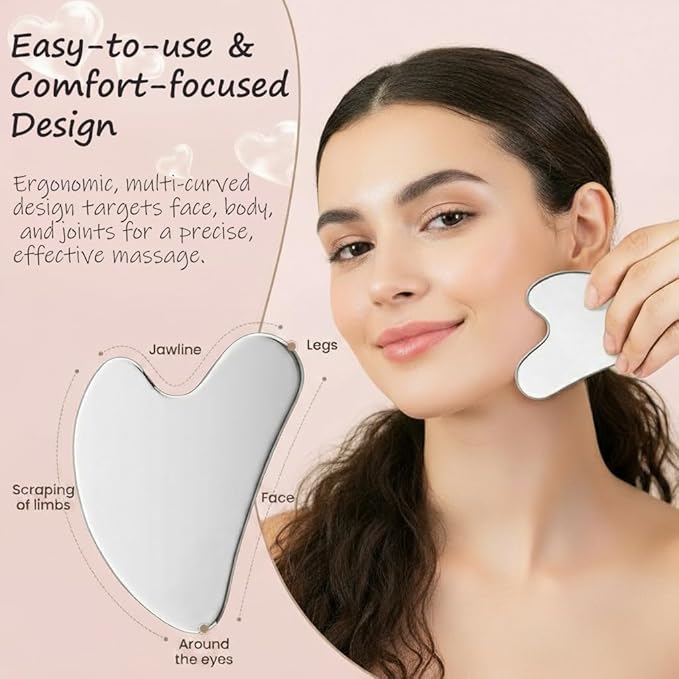 Stainless Steel Gua Sha Facial Tool with Big Size – Lymphatic Drainage Massager, Jawline Sculpting, & Skin Care | Metal Gua Sha Scraper for Eye & Facial Relaxation | Includes Travel Pouch