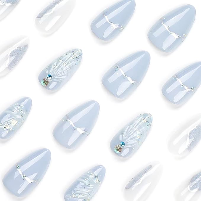 Ocean Shell Press on Nails Light Blue Fake Nails Medium Almond False Nails with Rhinestone Design Glossy Glue on Nails Artificial Acrylic Nail Glitter Stick on Nails for Women Summer Manicure 24Pcs