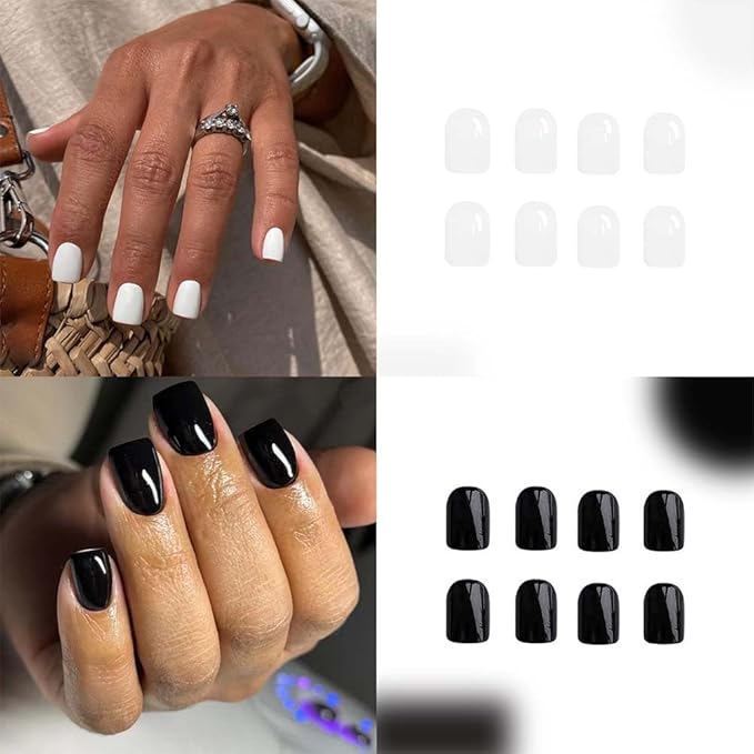 2 Packs 48Pcs Press on Nails Short Square Fake Nails Black White Acrylic Nails Solid Color False Nails Glossy Glue on Nails Reusable Artificial Nails Stick on Nails for Women Girls Nails Decoration
