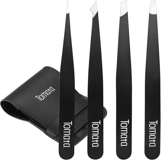 Tweezers for Eyebrows, 4-piece Slant Tip and Pointed Eyebrow Tweezer Set Great Precision for Eyebrows Facial Hair, Ingrown Hair, Splinter, Blackhead and Tick Remover (Black)