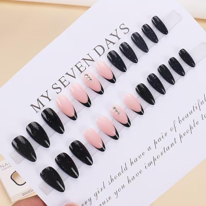 Black Press on Nails Medium Almond Shape Fake Nails with Glitter Design Glossy Stick on Nail Artificial Nail Nude Full Cover False Nail Rhinestone Glue on Nails for Women Girls Manicure 24Pcs