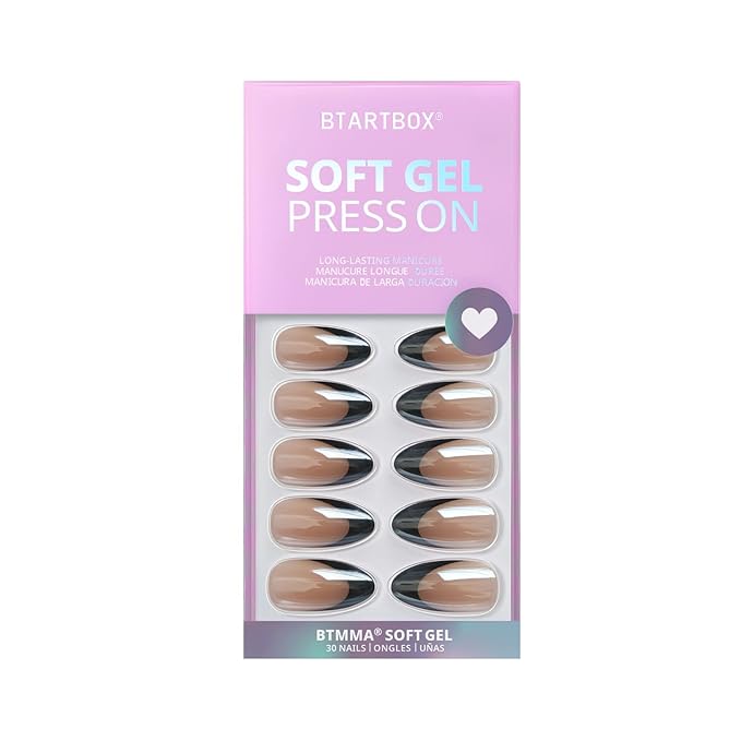 BTArtbox French Tip Press On Nails - Short Almond Press on Nails, Glue On Nails for Gift, Natural Reusable Stick On Nails in 15 Sizes - 30 Fake Nails Kit, Black Swan