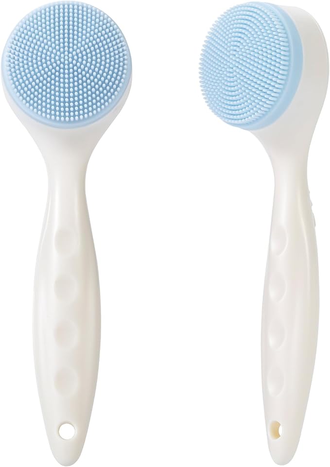 2 Pack Silicone Face Scrubber Exfoliating Brush, Manual Handheld Facial Cleansing Brush Blackhead Scrubber, Soft Bristles Waterproof for Face Skincare (Round-Blue Head)