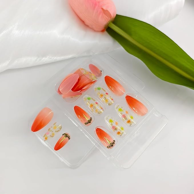 24Pcs Maple Leaf Press on Nails Almond Medium Fake Nails Fall False Nails with Maple Leaves Designs Gradient French Glue on Nails Full Cover Artificial Nails for Women Autumn Nail Art Decoration