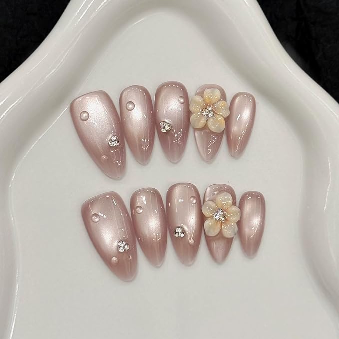 Handmade Press on Nails Almond Cat's Eye Medium Fake Nails with 3D Flower Charm Designs Pink Sparkly Cute Acrylic Nails for Women 10pcs (Size M）