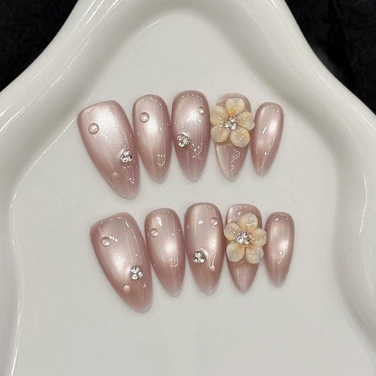 Handmade Press on Nails Almond Cat's Eye Medium Fake Nails with 3D Flower Charm Designs Pink Sparkly Cute Acrylic Nails for Women 10pcs (Size M）