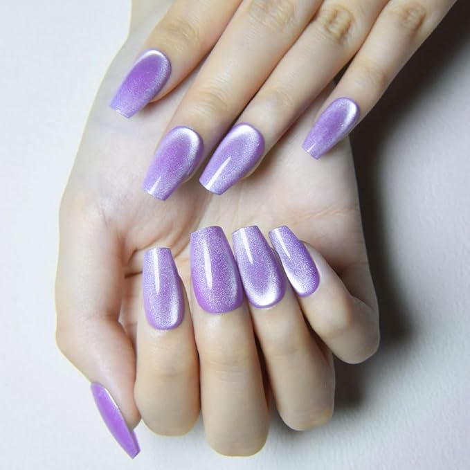 evpct Violet Purple Cat Eye Coffin Press on Nails Square Medium, Medium Square Glue on Nail for Women Gift, Purple Metallic Glitter Glossy Reusable Soft Gel Press on Acrylic Fake Nail with Designs