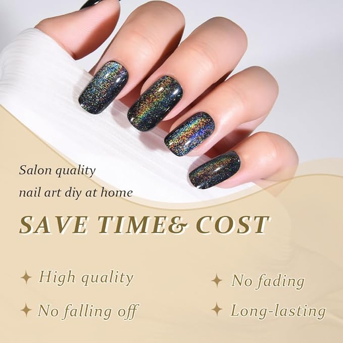 Cat Eye Black Rainbow Press On Nails Medium Square, Designer Reusable Acrylic Fake Nails with Glue, Glossy Soft Gel Nails Wedding and Party, Stick On Glue On Nails, Nails Press Ons for Women