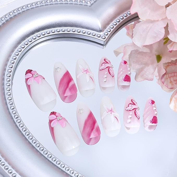 24Pcs Pink Flower Press on Nails Medium Long Almond Fake Nails 3D Flower Acrylic Nails Silver Beads Starfish Gem Spring Summer Glue on Nail Pink French Tip False Nails Cute Stick on Nail for Women