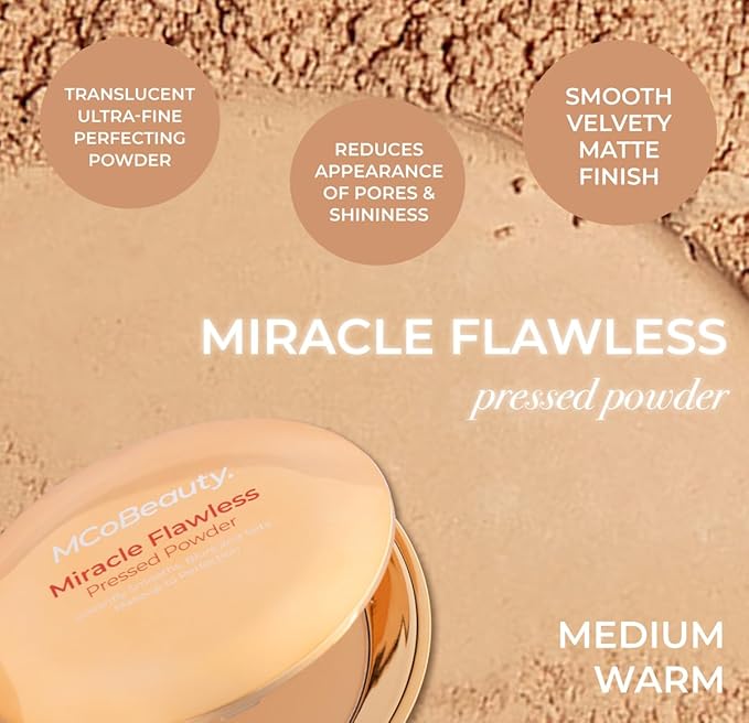 MCoBeauty - Miracle Flawless Pressed Powder - 3 Medium Warm Shade - Compact Setting Powder with Rose Flower Extract and Sweet Almond Oil - Helps Finish and Refine the Look of Makeup