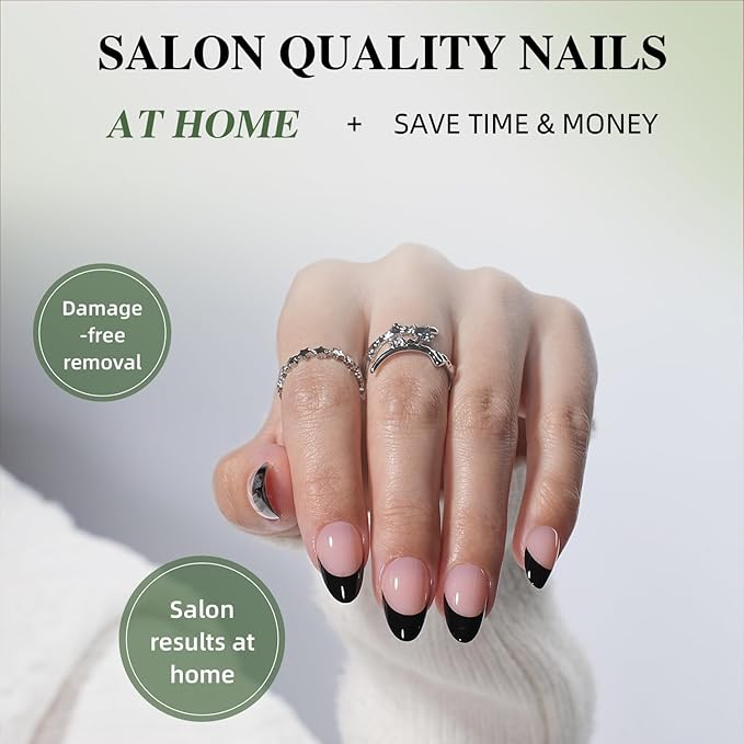 Black French Tip Press On Nails - Black Short Almond Fake Nails, French Tip Press On Nails Reusable Stick On Nails in 16 Sizes, 32pcs False Nail Kit for Women & Girls