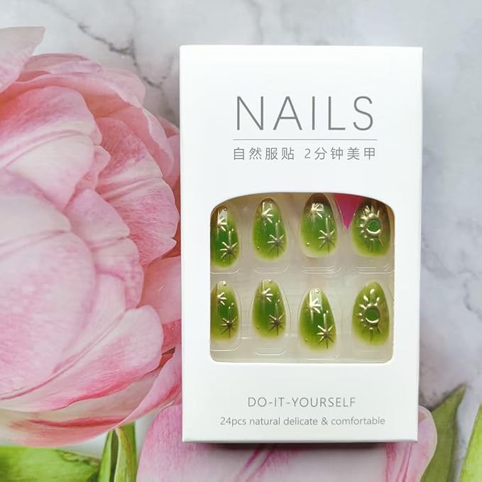 24Pcs Gold Chrome Press on Nails Short Almond Fake Nails with 3D Star Sun Eye Design Full Cover Glue on Nails Handmade False Nails Green Acrylic Nails Stick on Nails for Women Gothic Manicure Decor